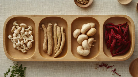 Top view of rare herbal remedies on wooden dishes: ginseng roots, Ganoderma mushrooms, and red ginseng. Beige background enhances the natural beauty for advertising health products.の素材