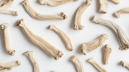 Top-down view of several dried ginseng roots scattered on a white background. The plain backdrop highlights the earthy tones and unique shapes.の素材