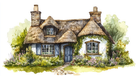 Watercolor illustration of a British cottage with a garden, isolated on white background.の素材