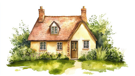 Watercolor art of a British cottage with a garden, isolated on white background, with green grass.の素材