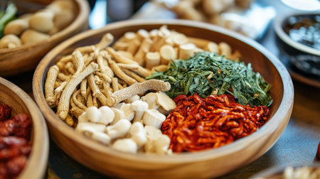 Traditional Chinese herbal medicine display with ginseng, red ginseng, and reishi mushrooms in a wooden dish. Emphasizing natural ingredients and roots for holistic health. -の素材
