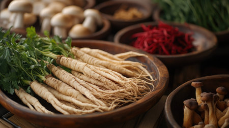 Traditional Chinese herbal medicine display with ginseng, red ginseng, and reishi mushrooms in a wooden dish. Emphasizing natural ingredients and roots for holistic health. -の素材