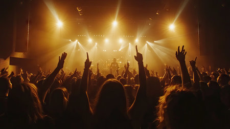 Wide-angle shot of an enthusiastic crowd at a music concert, illuminated by stage lights. The audience is fully immersed, with an energetic and electric atmosphere. -の素材