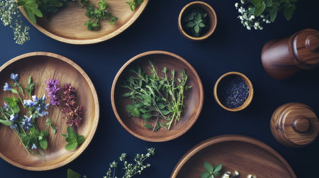 Wooden plates filled with folk herbs, alongside medicinal pots and cups, set against a dark navy blue background. A serene and elegant scene for health care advertising.の素材
