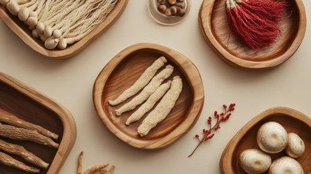 Wooden dishes featuring ginseng roots, Ganoderma mushrooms, and red ginseng, with a beige background to emphasize the authenticityの素材