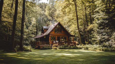 Wooden cottage nestled among trees in a serene forest, offering a tranquil and scenic setting, perfect for peaceful getaways. -の素材