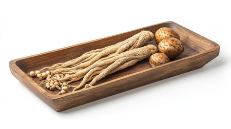 Wooden tray displaying ginseng roots and Ganoderma mushrooms with a white background and window shadow.の素材
