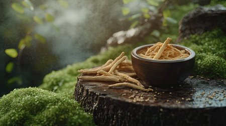 Wooden platform with a bowl of ginseng tonic, ginseng roots, and dried twigs, surrounded by a soft green moss background. A calming, nature-inspired health scene.の素材