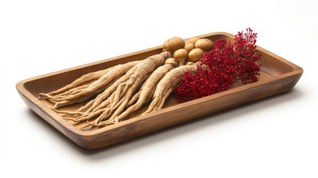 Wooden tray displaying ginseng roots and Ganoderma mushrooms with a white background and window shadow.の素材