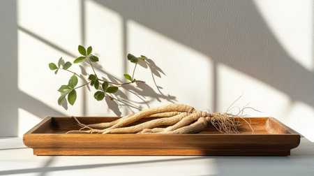Wooden tray with ginseng roots and Ganoderma mushrooms against a white background with a shadow of a window.の素材