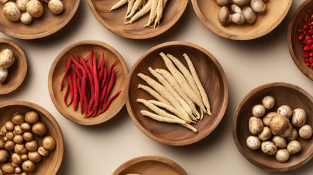 Wooden dishes featuring ginseng roots, Ganoderma mushrooms, and red ginseng, with a beige background to emphasize the authenticityの素材