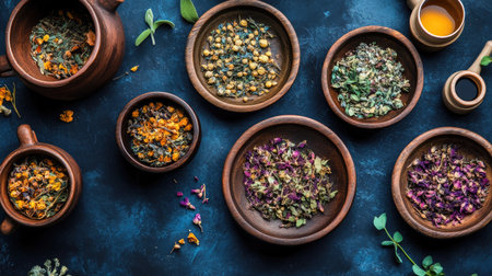 Wooden plates with dried folk herbs surrounded by medicinal pots and cups on a dark navy blue background.の素材