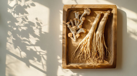 Wooden tray with ginseng roots and Ganoderma mushrooms against a white background with a shadow of a window.の素材
