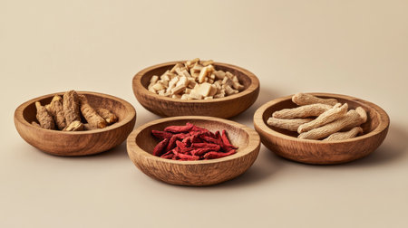 Wooden dishes showcasing rare herbs like ginseng roots, Ganoderma mushrooms, and red ginseng. Beige background for a sophisticated, natural look ideal for product promotion.の素材