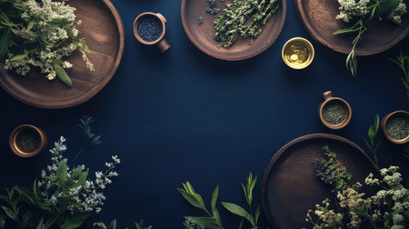Wooden plates filled with folk herbs, alongside medicinal pots and cups, set against a dark navy blue background. A serene and elegant scene for health care advertising.の素材