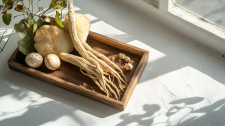 Wooden tray featuring ginseng roots and Ganoderma mushrooms on a white background with a shadow of a window.の素材