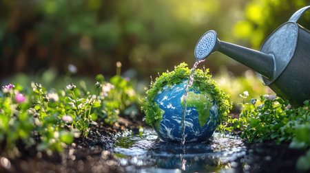 A captivating visual of a watering can in the foreground, pouring water onto a small globe covered in greenery, illustrating the concept of caring for the Earth. -の素材