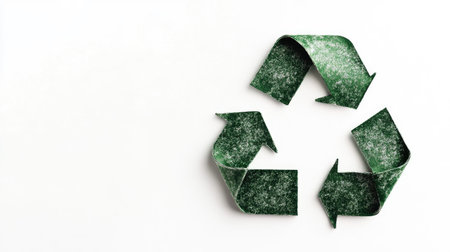 A bold green recycle symbol prominently displayed on a solid white background, symbolizing the importance of recycling and environmental awareness.の素材