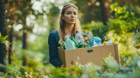 A captivating visual of a businesswoman actively promoting recycling, displaying a box of plastic-free items in a beautiful natural setting, symbolizing commitment to sustainability.の素材