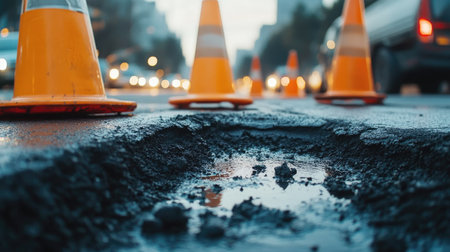 A close-up view of freshly laid asphalt being poured into a pothole, with traffic cones in the background, emphasizing the meticulous process of road repair in a city setting.の素材