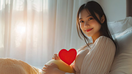 A close-up shot of a pregnant Asian woman on her bed, holding a red heart icon while smiling warmly at the camera, embodying the joy of nurturing her baby in a safe environment.の素材