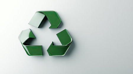 A captivating visual of a 3D green recycle symbol on a solid white backdrop, representing modern sustainability practices, with plenty of copy space for branding.の素材