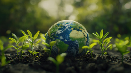 A close-up of a globe showcasing various ecosystems, surrounded by vibrant green saplings, illustrating the concept of cultivating trees for a sustainable future.の素材