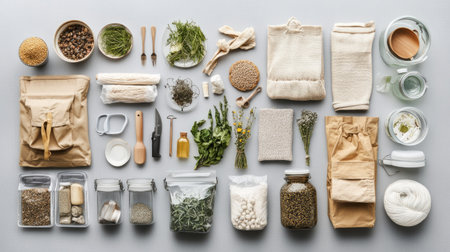 A collection of reusable items, such as bags and containers, arranged artistically to promote a zero-waste lifestyle in honor of Earth Day and environmental protection.の素材
