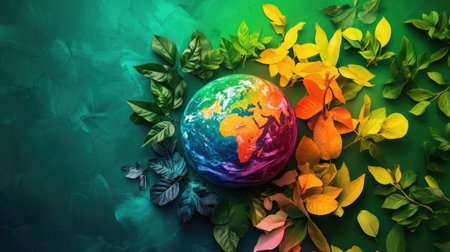 A colorful representation of a globe adorned with natural elements, surrounded by leaves, illustrating the urgent call to invest in our planet for Earth Day 2023.の素材