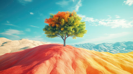 A colorful visualization of a healthy 3D tree amidst a desert-like background, symbolizing the concept of land restoration and resilience against drought for World Environment Day.の素材