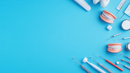 A bright and clean banner featuring a plastic teeth model and various dental instruments, emphasizing their role in patient education, all against a blue backdrop.の素材