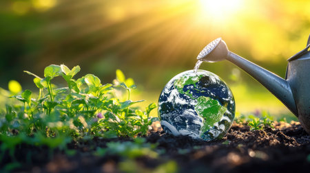 A captivating visual of a watering can in the foreground, pouring water onto a small globe covered in greenery, illustrating the concept of caring for the Earth. -の素材