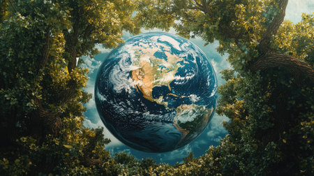 A captivating scene featuring a globe with detailed landforms and oceans, framed by healthy trees, promoting the idea of ecological stewardship through tree cultivation.の素材