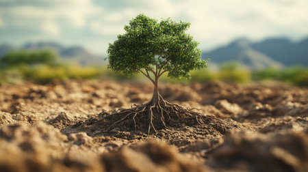 A captivating visual of a 3D tree emerging from dry soil, with a focus on its roots, illustrating the connection between land restoration and ecological health.の素材