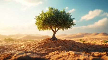 A colorful visualization of a healthy 3D tree amidst a desert-like background, symbolizing the concept of land restoration and resilience against drought for World Environment Day.の素材