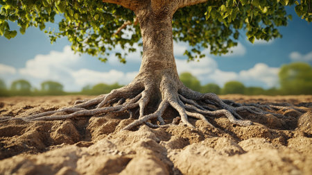 A close-up of a 3D tree's roots penetrating dry soil, emphasizing the connection between healthy ecosystems and drought resilience, perfect for World Environment Day 2024の素材