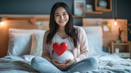 A cheerful image of a beautiful Asian pregnant woman sitting on her bed, holding a red heart icon with a bright smile, looking at the camera, celebrating motherhood and health at home.の素材