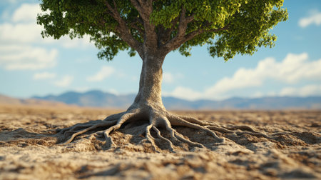 A close-up of a thriving 3D tree with roots visibly spreading across a parched landscape, representing the concept of drought resilience and land restoration. Space for captionsの素材