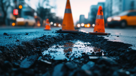 A close-up view of freshly laid asphalt being poured into a pothole, with traffic cones in the background, emphasizing the meticulous process of road repair in a city setting.の素材