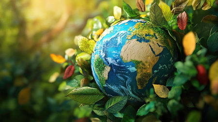 A colorful representation of a globe adorned with natural elements, surrounded by leaves, illustrating the urgent call to invest in our planet for Earth Day 2023.の素材