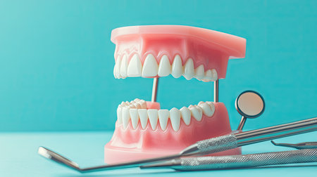 A compelling image of a plastic teeth model with dental instruments in a clinical setting, all set against a calming blue background, emphasizing patient education in oral care.の素材