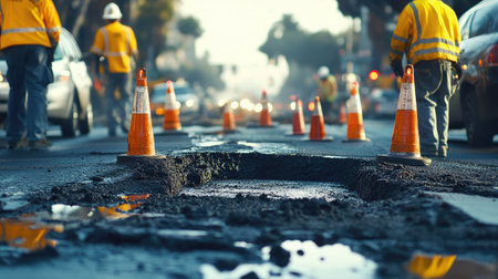 A compelling shot of a road repair crew applying asphalt to a pothole, surrounded by traffic cones, capturing the collaborative effort to restore damaged roads in the city.の素材