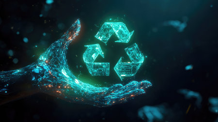 A creative representation of the recycling process with a glowing holographic symbol and a human hand, highlighting the importance of responsible garbage disposal for a sustainable future.の素材
