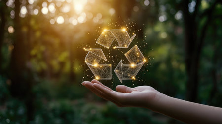 A conceptual image of a hand holding a floating wireframe recycle symbol, visually representing the core principles of sustainability: reuse, reduce, and recycle.の素材