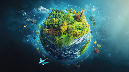 A creative depiction of Earth segmented into various environmental elements, such as forests and deserts, with arrows indicating sustainable business practices for each area.の素材