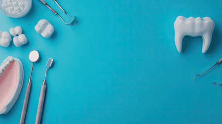 A creative composition featuring dental tools and a plastic teeth model, arranged artfully on a blue background, perfect for dental health promotions and clinics.の素材