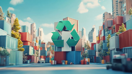 A dynamic urban scene featuring a large recycle symbol, symbolizing the collective effort towards environmental sustainability and raising eco-awareness among city dwellers.の素材