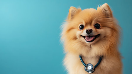 A friendly Pomeranian with a stethoscope, positioned in front of a calming blue backdrop, emphasizing the theme of compassionate veterinary care for small pets.の素材
