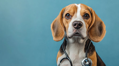 A cute beagle dog posing with a stethoscope in a professional setting, against a blue studio background, representing the caring nature of veterinary practices.の素材