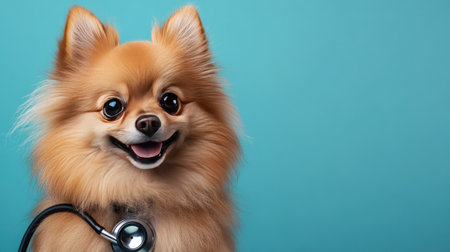 A friendly Pomeranian with a stethoscope, positioned in front of a calming blue backdrop, emphasizing the theme of compassionate veterinary care for small pets.の素材